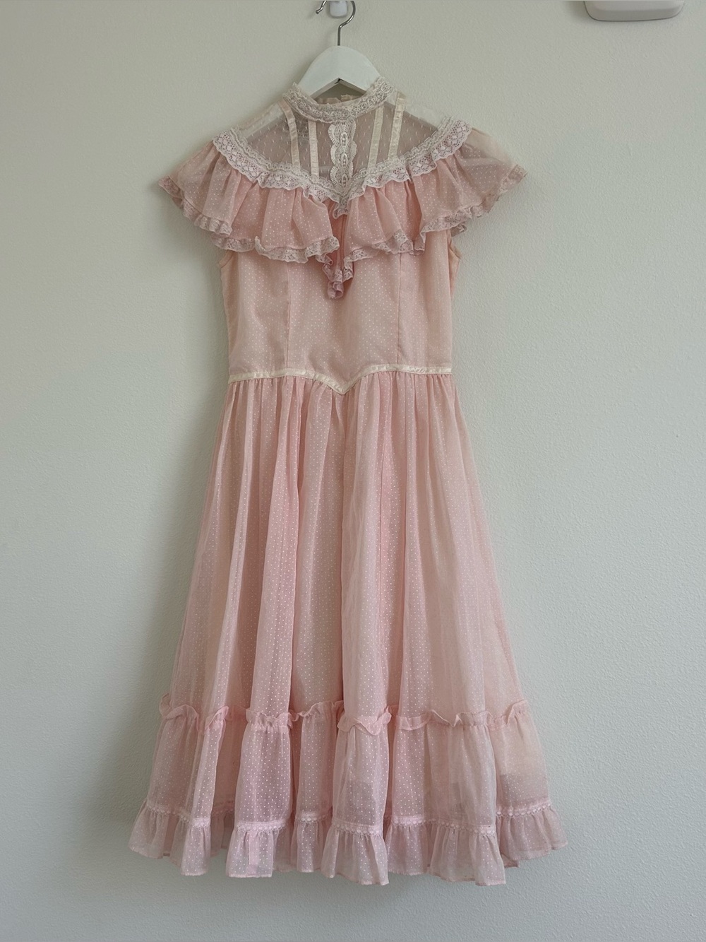 Gunne Sax Pink Polka Dot Lace Dress with Pearl Trim High Victorian Neckline